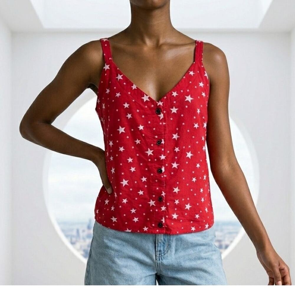 Sheilay Red W/ White Star Button Front 3/4 Wide Strap Summer Top Womens Size M